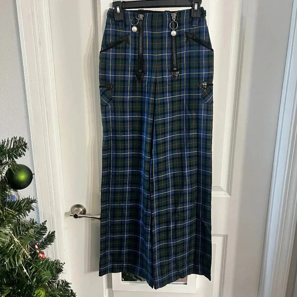 973 Opening Ceremony Plaid High Waisted Pearl Pants Size 0 Color Green Blue - Picture 1 of 4